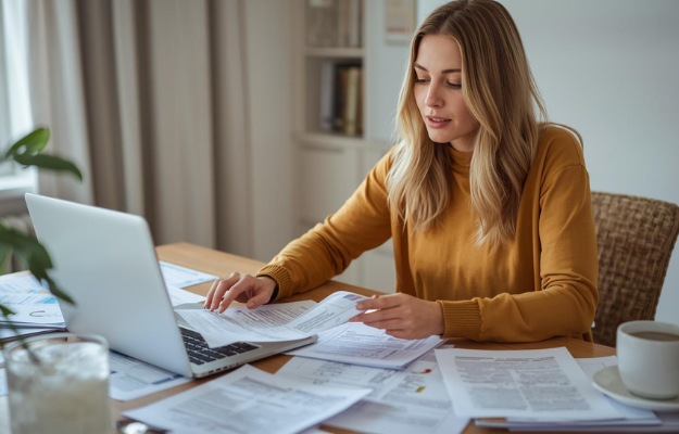 Driver reviewing insurance paperwork and laptop at home table