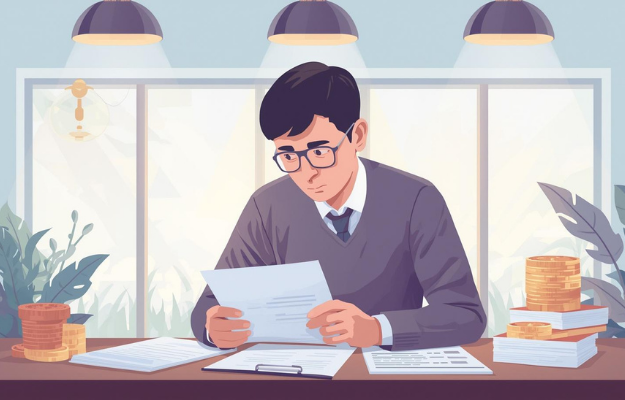 Man reviewing insurance documents and policy paperwork on desk